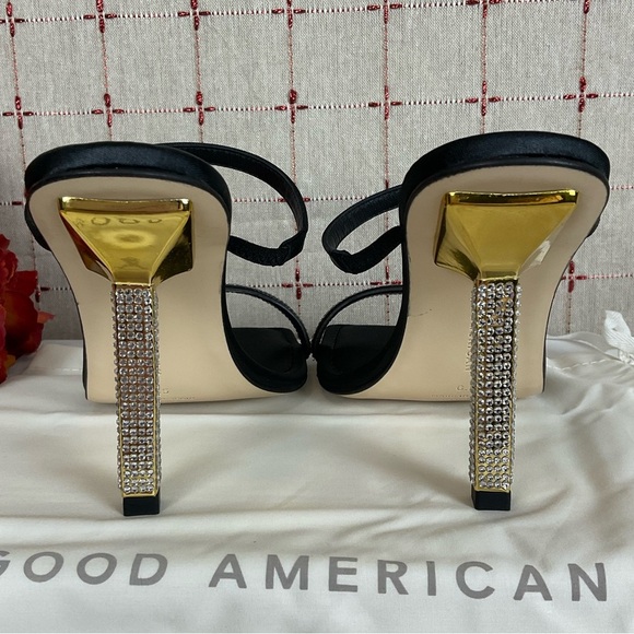 Good American Satin Strappy Heels Square Toe Sz 6.5 Black & Gold + Rhinestones - Picture 4 of 6
